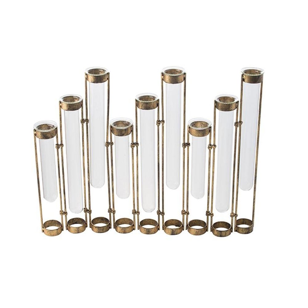 17" Bronze And Clear Enameled Cast Iron And Glass Nine Bloom Table Vase