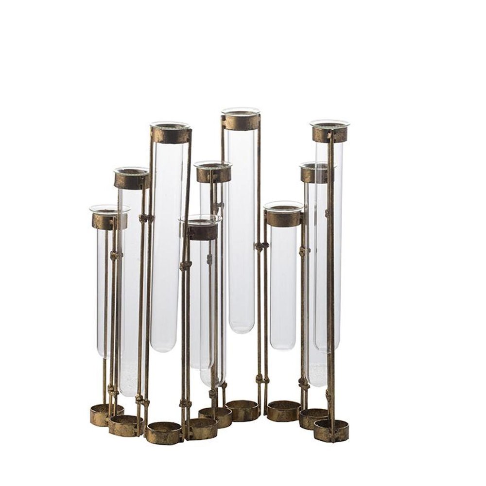 17" Bronze And Clear Enameled Cast Iron And Glass Nine Bloom Table Vase