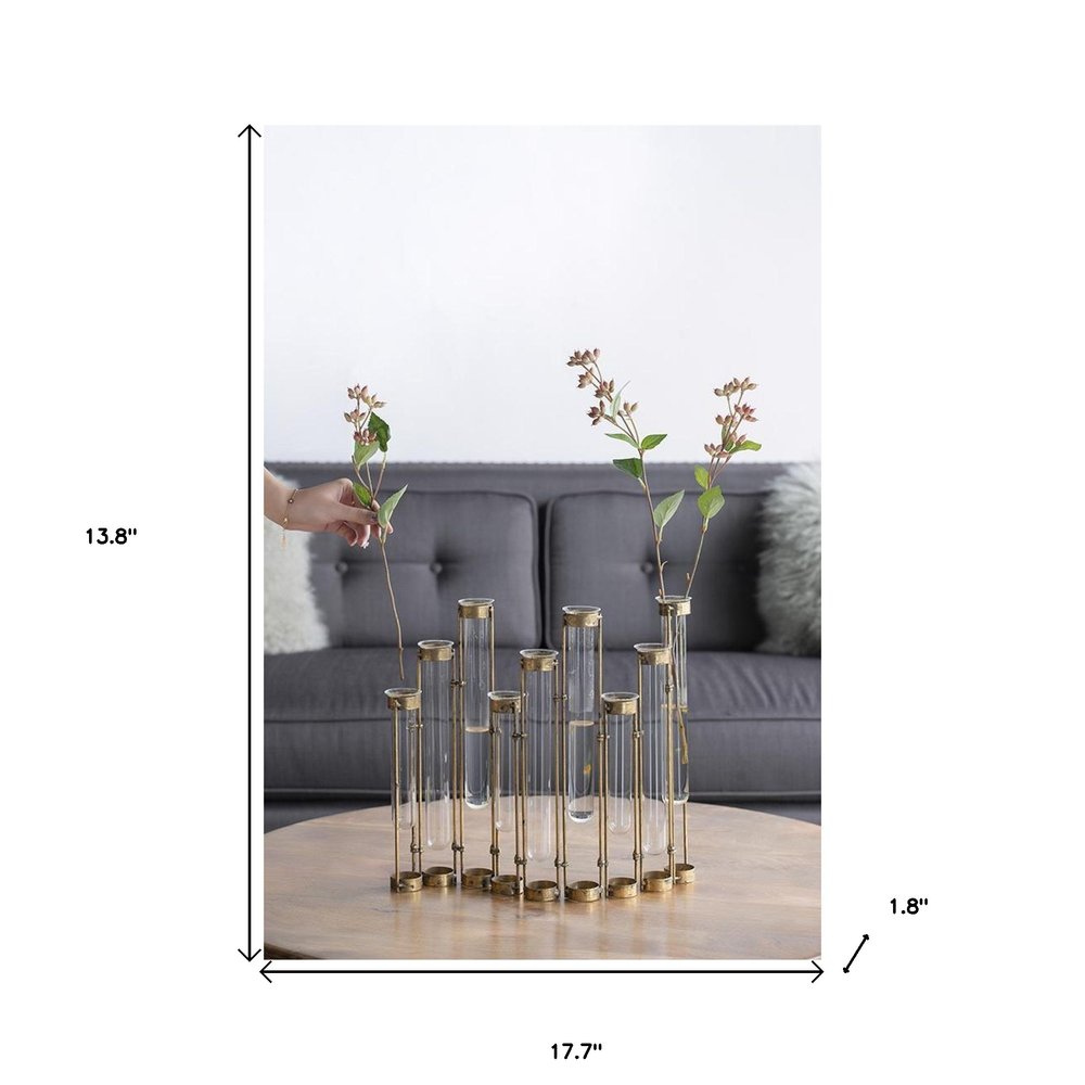 17" Bronze And Clear Enameled Cast Iron And Glass Nine Bloom Table Vase