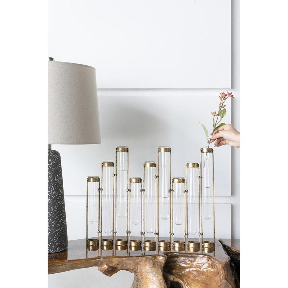 17" Bronze And Clear Enameled Cast Iron And Glass Nine Bloom Table Vase