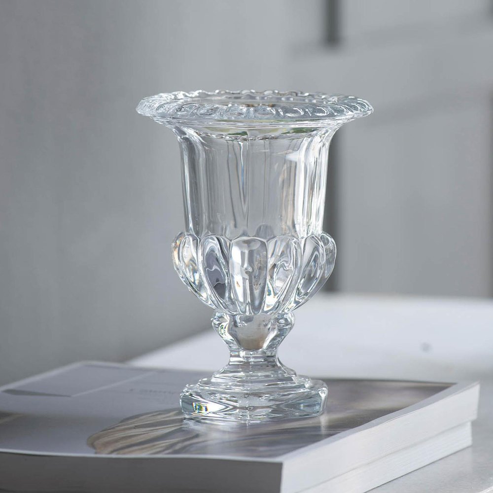 Set of Two Clear Glass Urn Table Vases