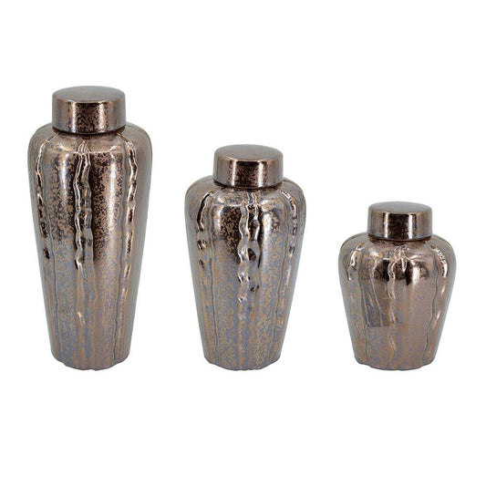 Set of Three Bronze And Silver Ceramic Urn Ginger Jars