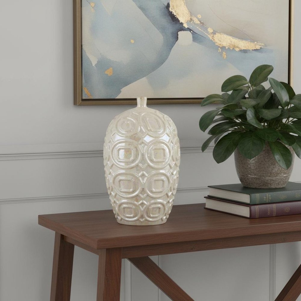 20" Ivory Geometric Bud Ceramic Table Vase