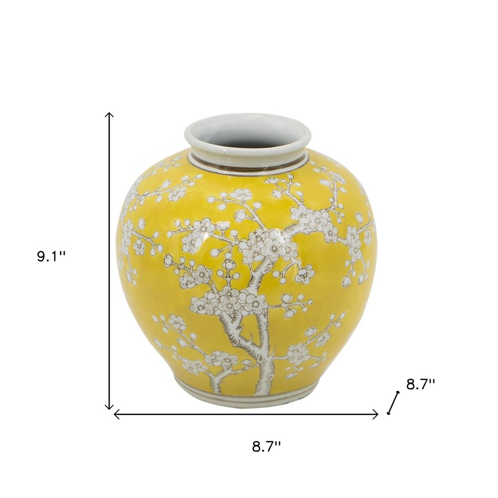 9" Yellow And White Floral Round Porcelain Table Vase
