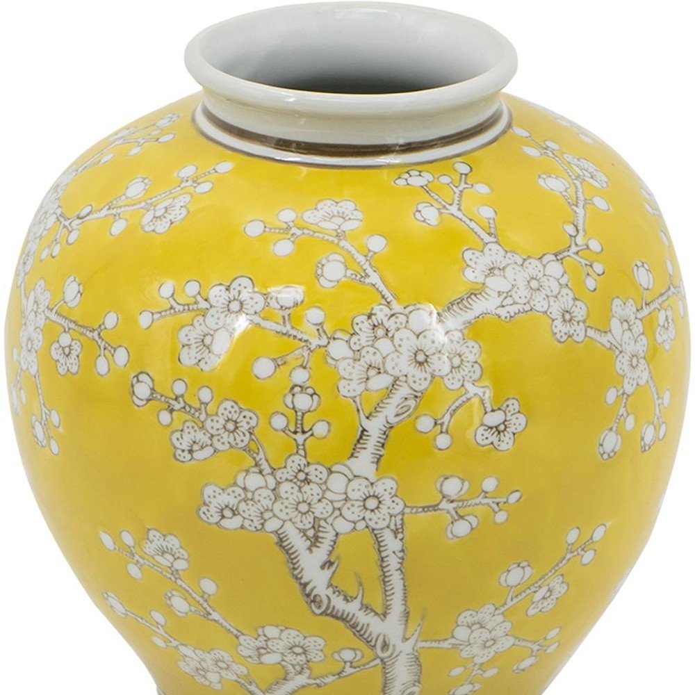 9" Yellow And White Floral Round Porcelain Table Vase