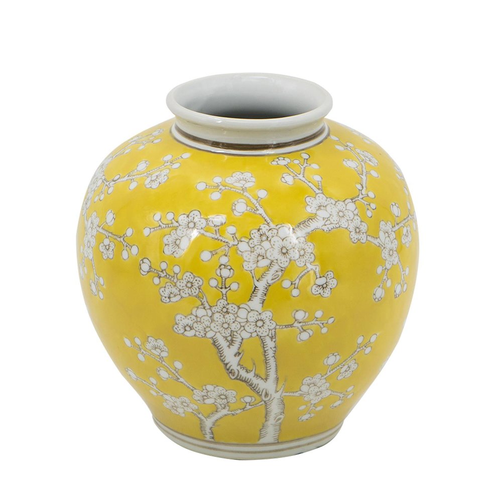 9" Yellow And White Floral Round Porcelain Table Vase