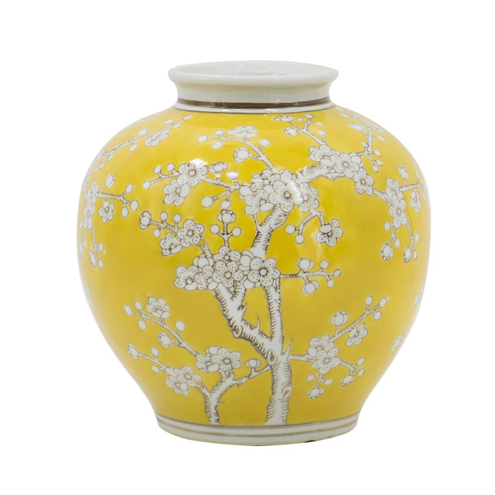 9" Yellow And White Floral Round Porcelain Table Vase