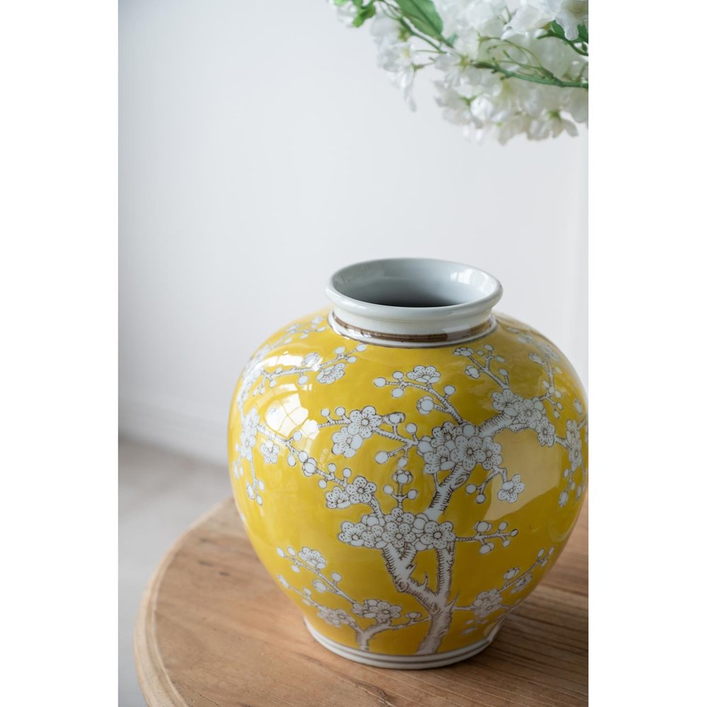 9" Yellow And White Floral Round Porcelain Table Vase