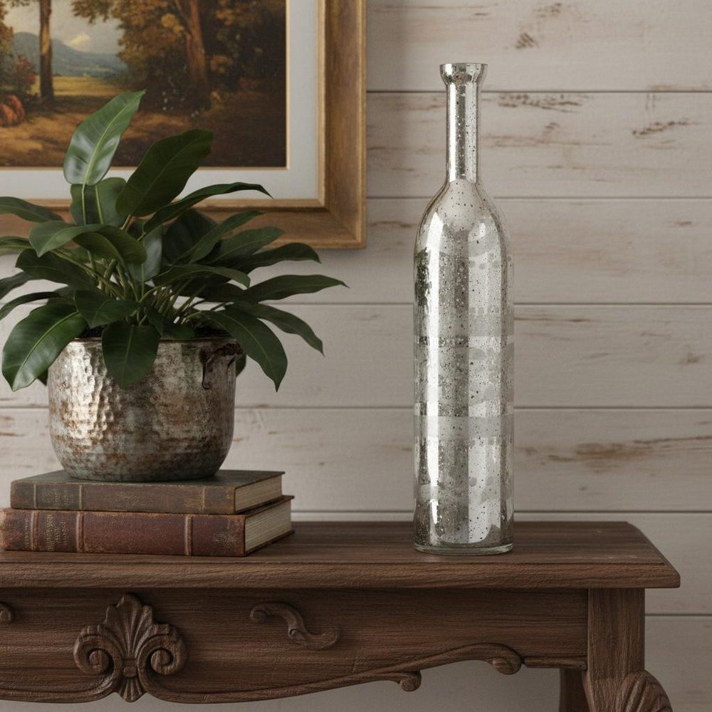 25" Silver Floral Bud Glass Table Vase