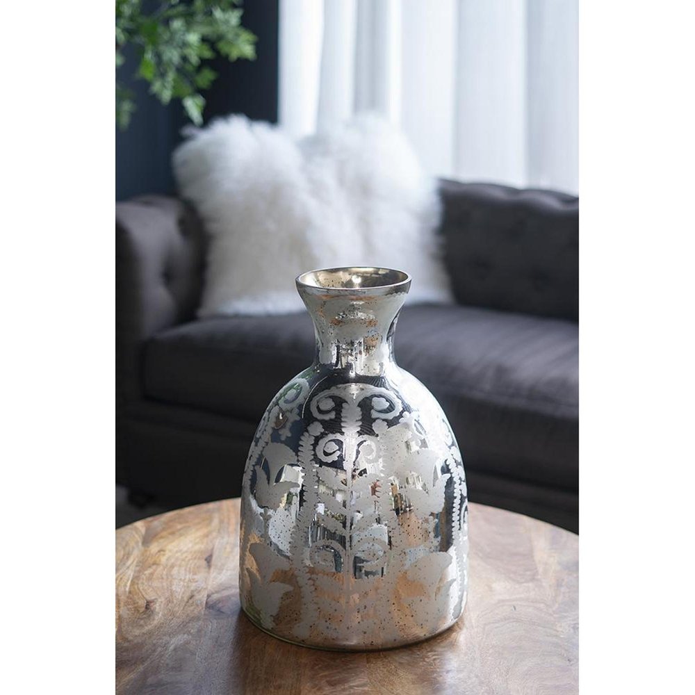 18" Silver Floral Round Glass Table Vase