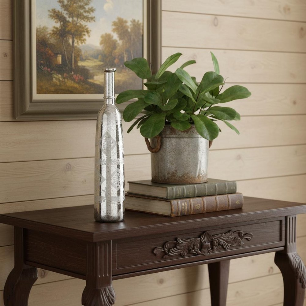 30" Silver Floral Round Glass Table Vase