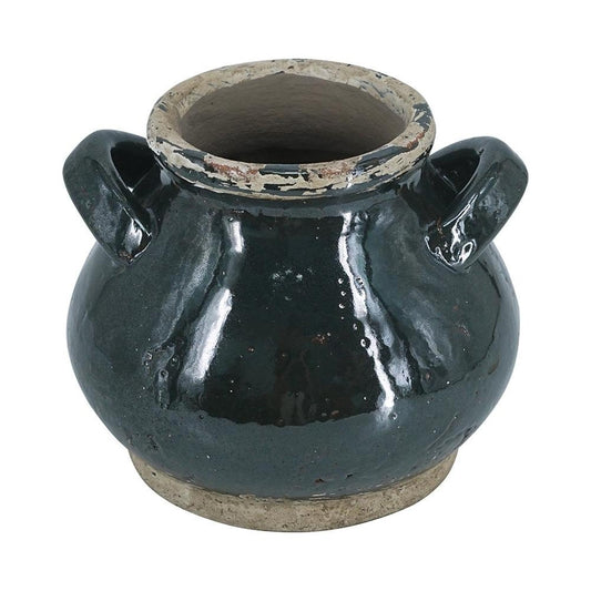 7" Dark Green And Sand Terracotta Round Jug Vase