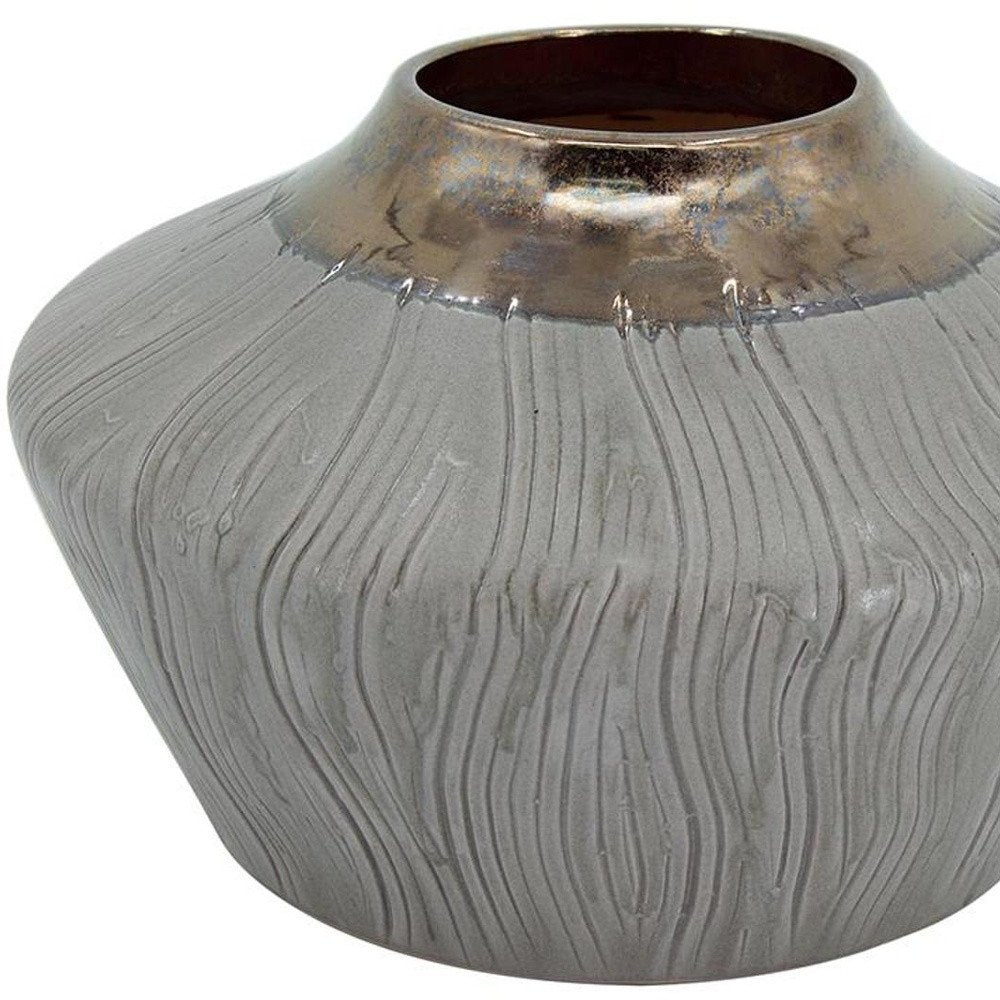 7" Brown Gold And Gray Round Ceramic Table Vase