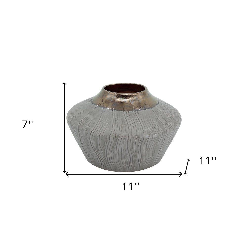 7" Brown Gold And Gray Round Ceramic Table Vase