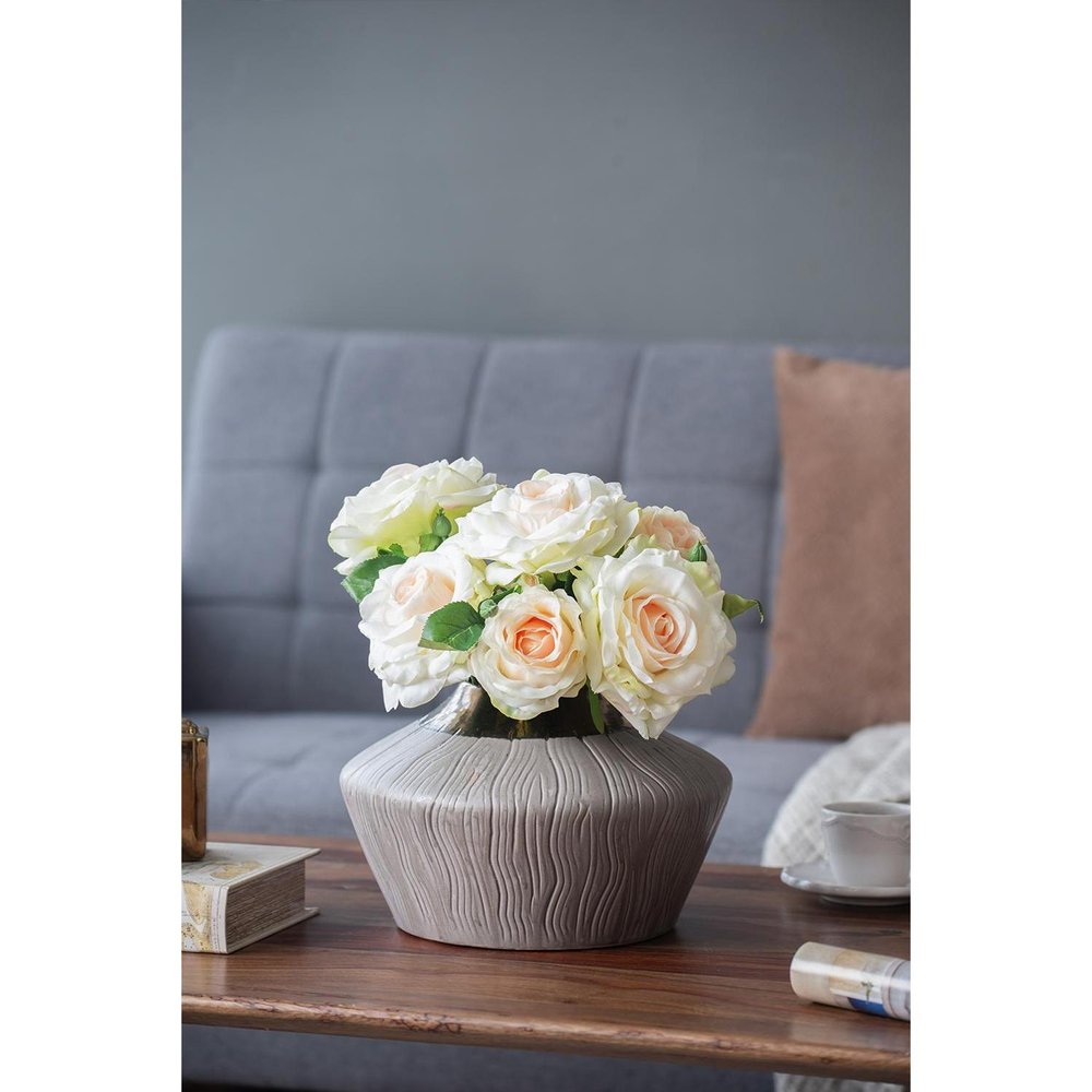 7" Brown Gold And Gray Round Ceramic Table Vase