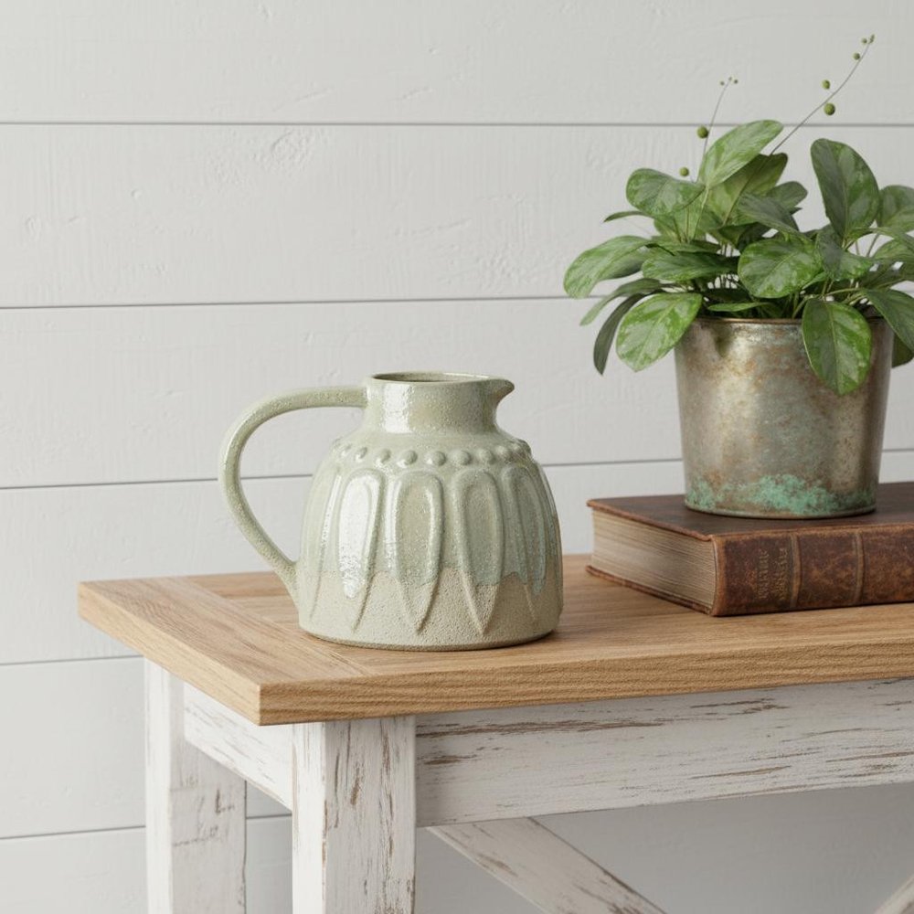7" Sage and Ivory Round Ceramic Jug Vase With Does Not Apply