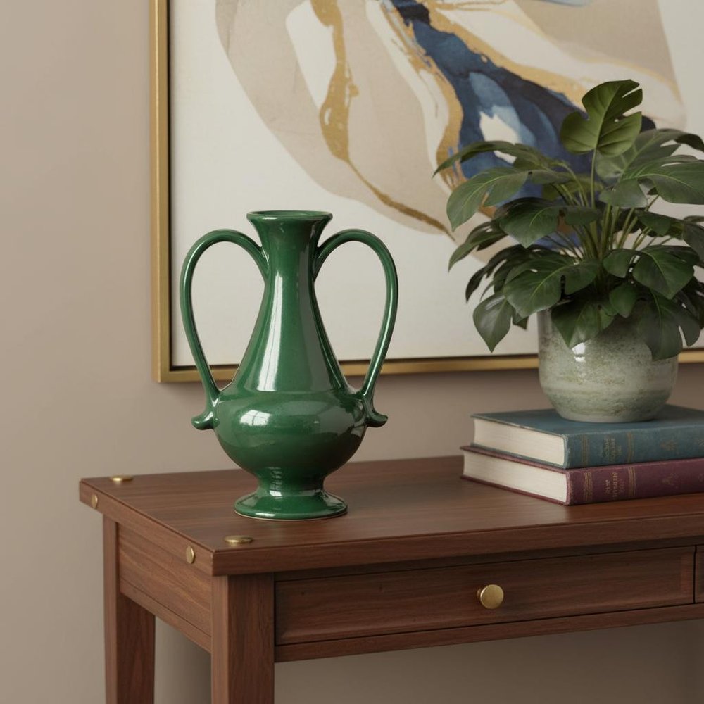 10" Hunter Green Ceramic Amphora Table Vase