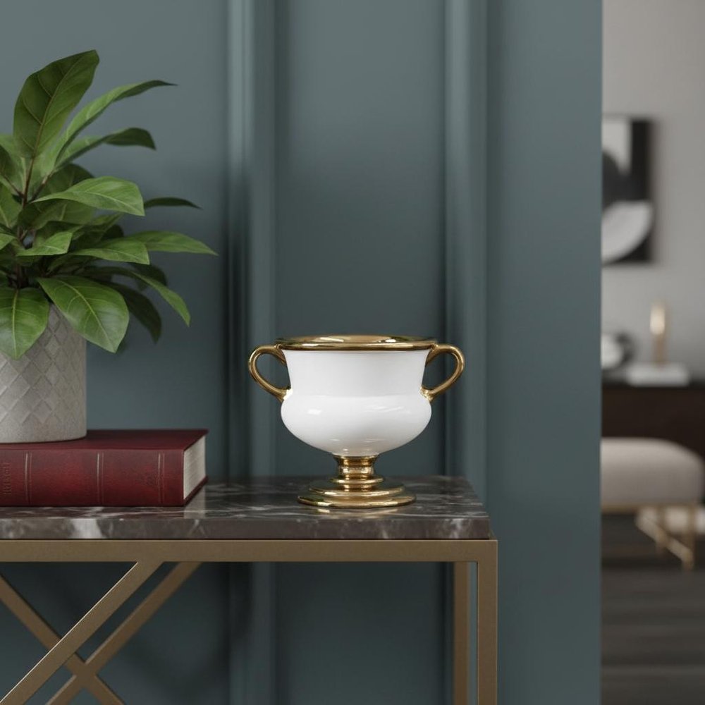 7" White And Gold Amphora Ceramic Urn