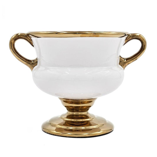 7" White And Gold Ceramic Amphora Urn