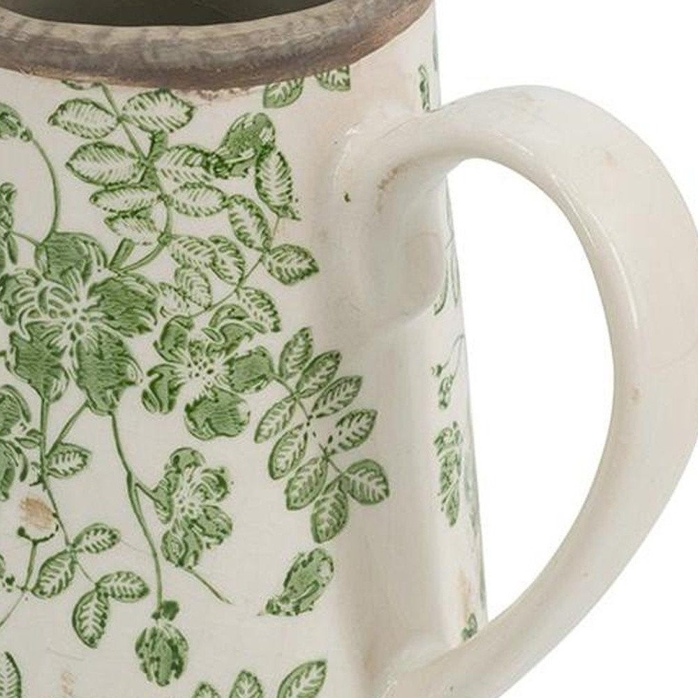 7" Green and White Leaf Round Ceramic Jug Vase With Does Not Apply