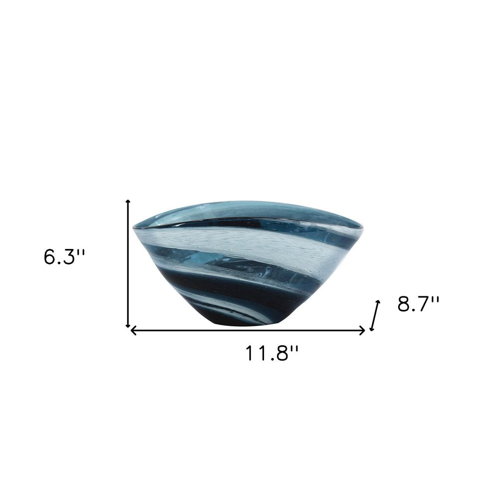 12" Blue And White Glass Swirl Stripe Oval Centerpiece Bowl