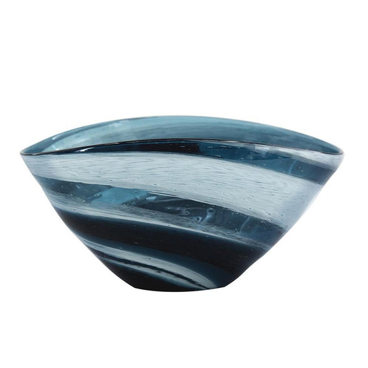 12" Blue And White Glass Swirl Stripe Oval Centerpiece Bowl
