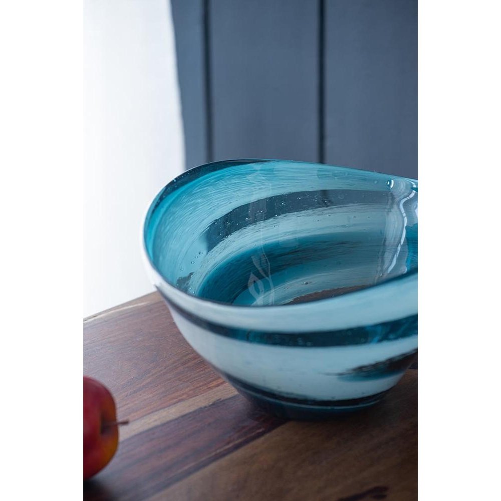 12" Blue And White Glass Swirl Stripe Oval Centerpiece Bowl