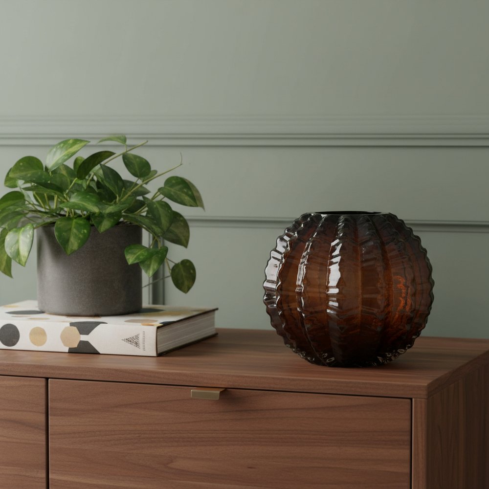 6" Burnt Umber Glass Textured Round Table Vase