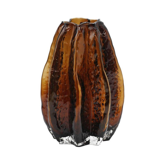 8" Burnt Umber And Black Glass Textured Wavy Table Vase