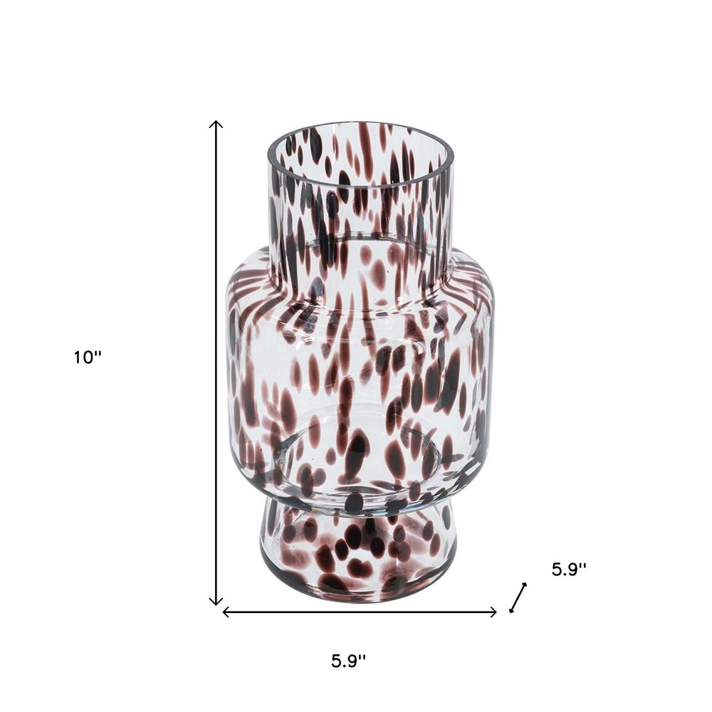 10" Clear Burgundy And Black Abstract Glass Cylinder Table Vase
