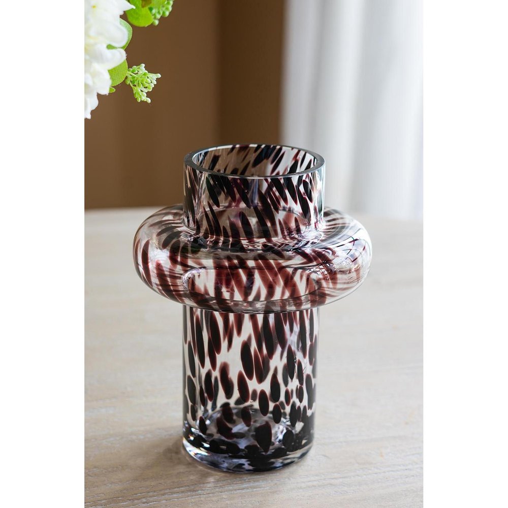 8" Clear Burgundy And Black Abstract Cylinder Glass Table Vase