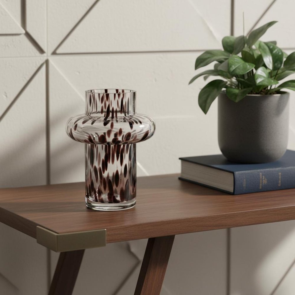 8" Clear Burgundy And Black Abstract Cylinder Glass Table Vase