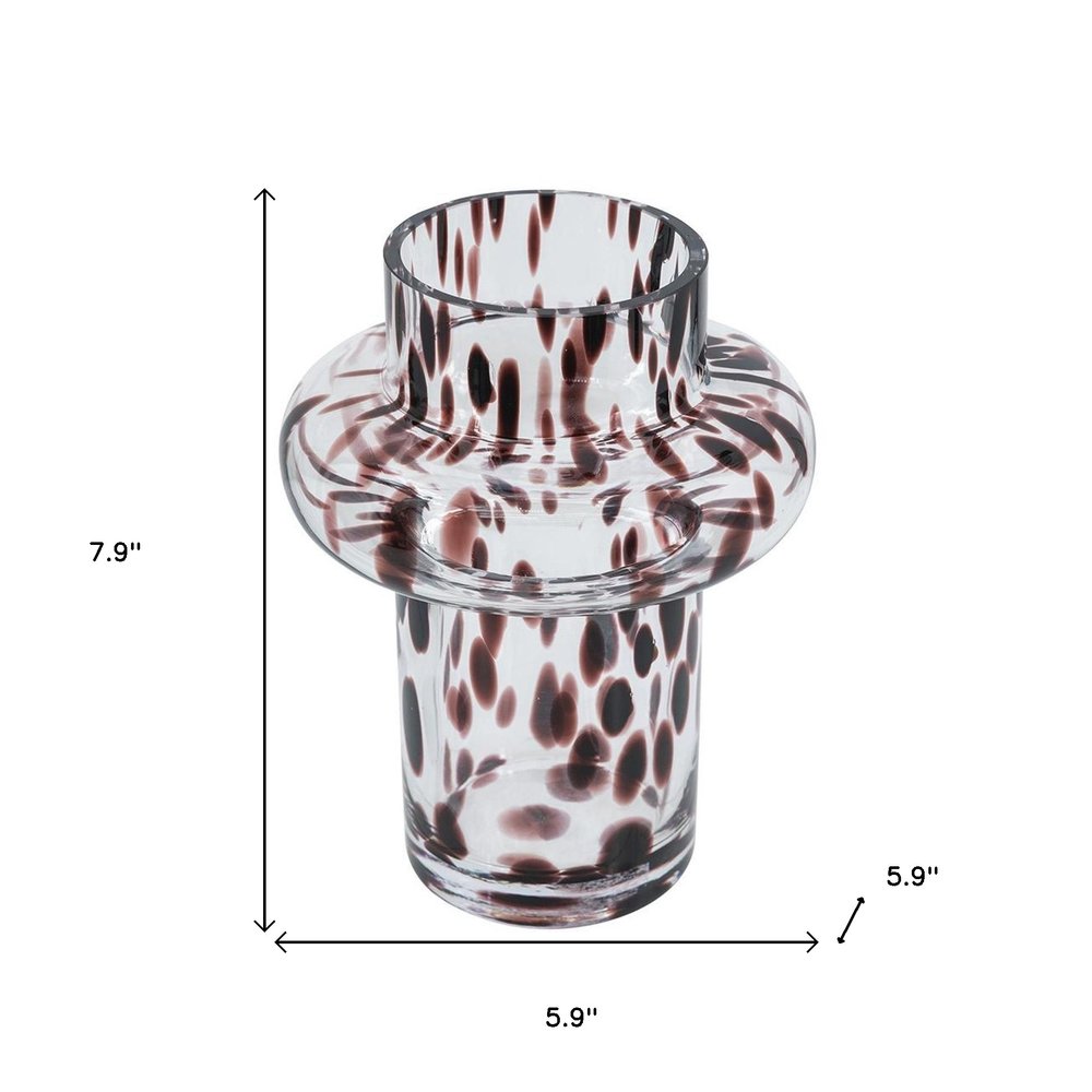 8" Clear Burgundy And Black Abstract Cylinder Glass Table Vase