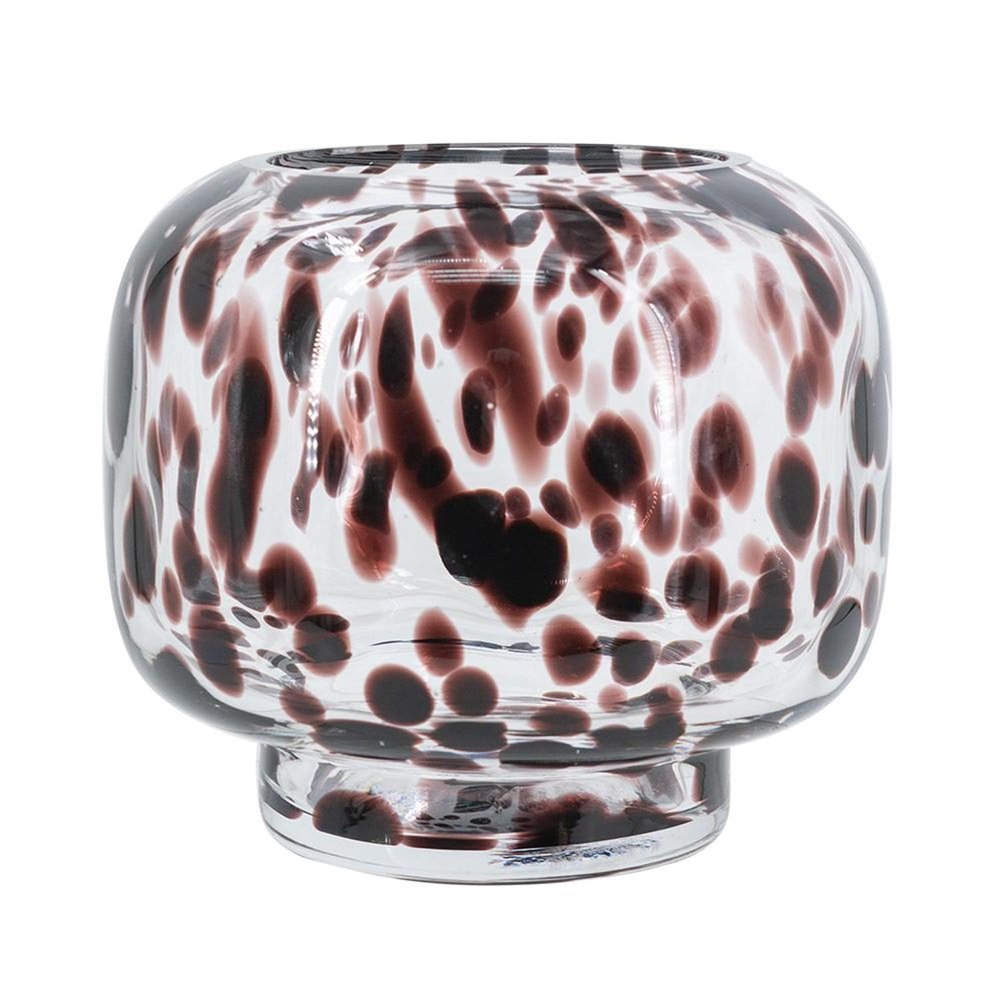 6" Clear Burgundy And Black Abstract Round Glass Table Vase