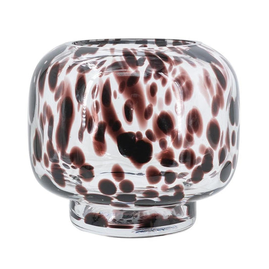 6" Clear Burgundy And Black Abstract Round Glass Table Vase