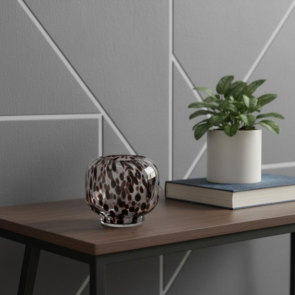 6" Clear Burgundy And Black Abstract Round Glass Table Vase