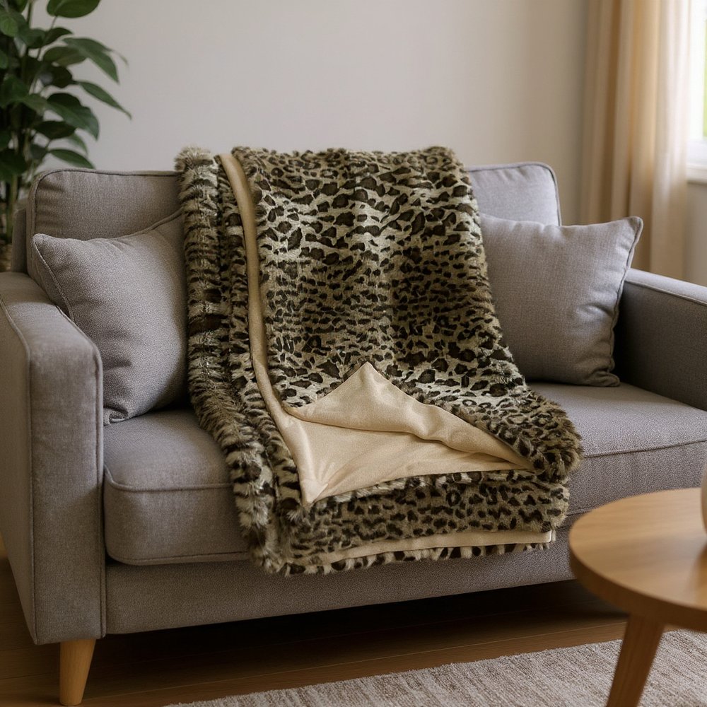 60" X 86" Brown And Dark Brown Leopard Faux Fur Throw Blanket