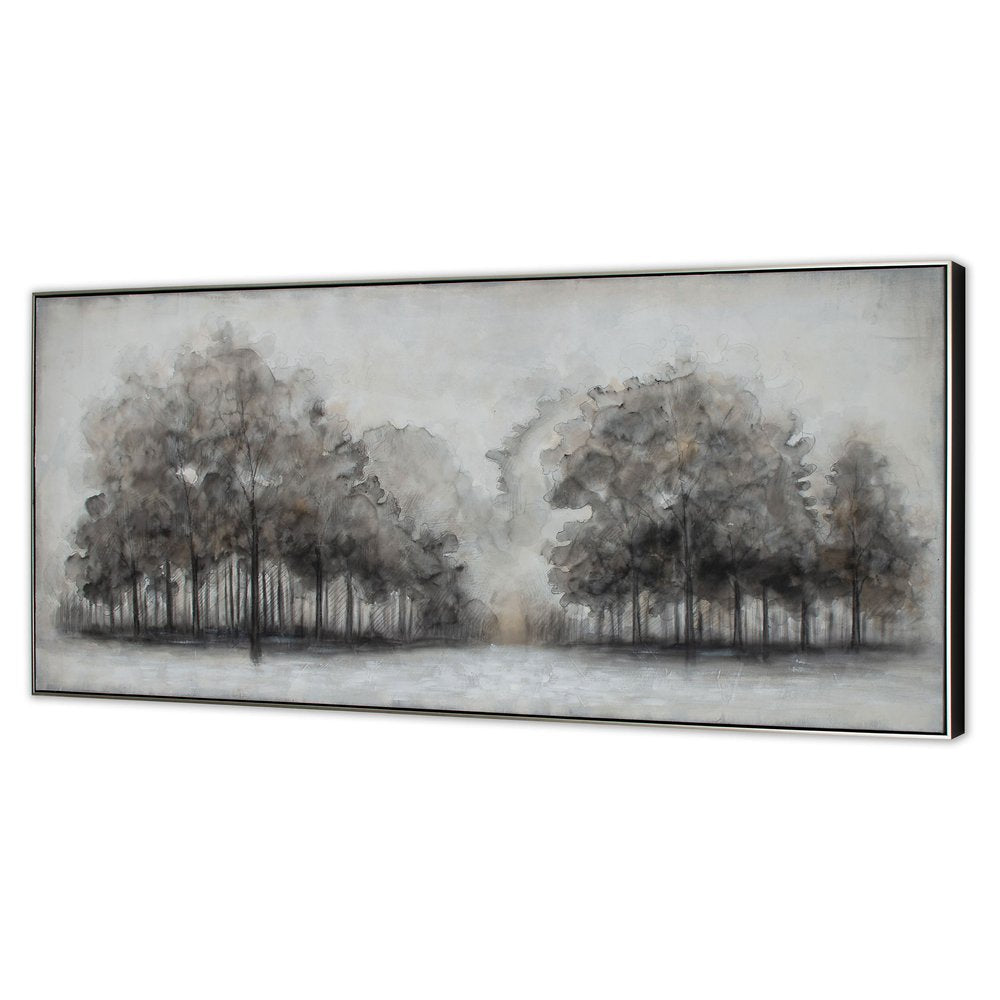 Wildwood Fog, Hand Painted Canvas Black Floater Frame Painting Wall Art