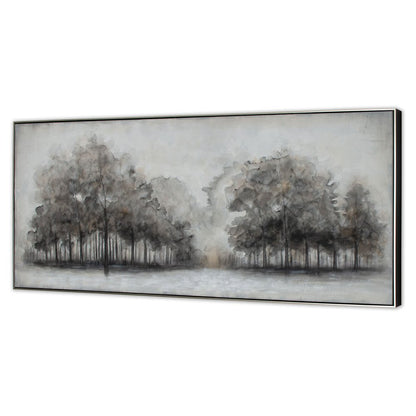 Wildwood Fog, Hand Painted Canvas Black Floater Frame Painting Wall Art