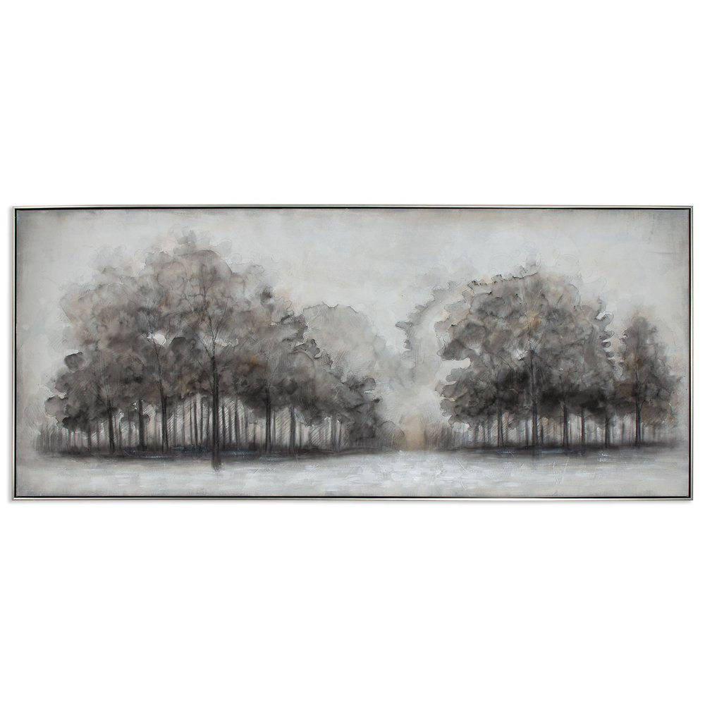 Wildwood Fog, Hand Painted Canvas Black Floater Frame Painting Wall Art