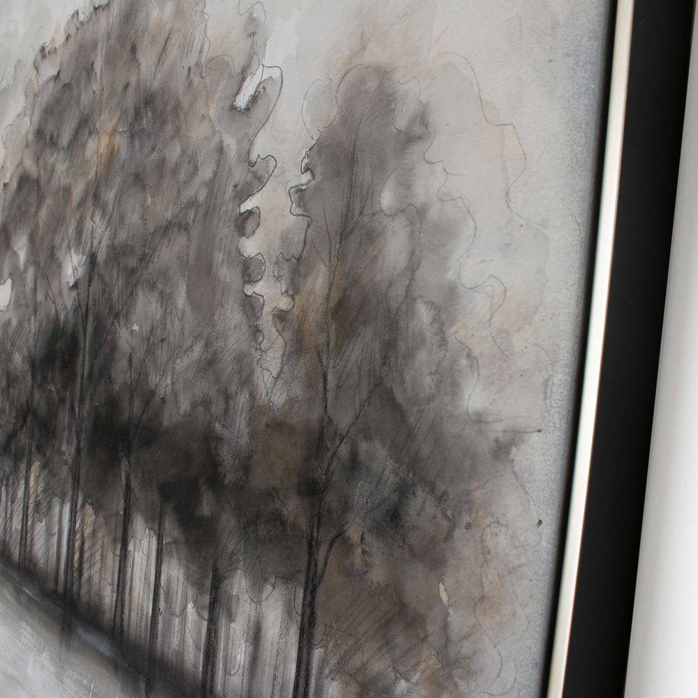 Wildwood Fog, Hand Painted Canvas Black Floater Frame Painting Wall Art