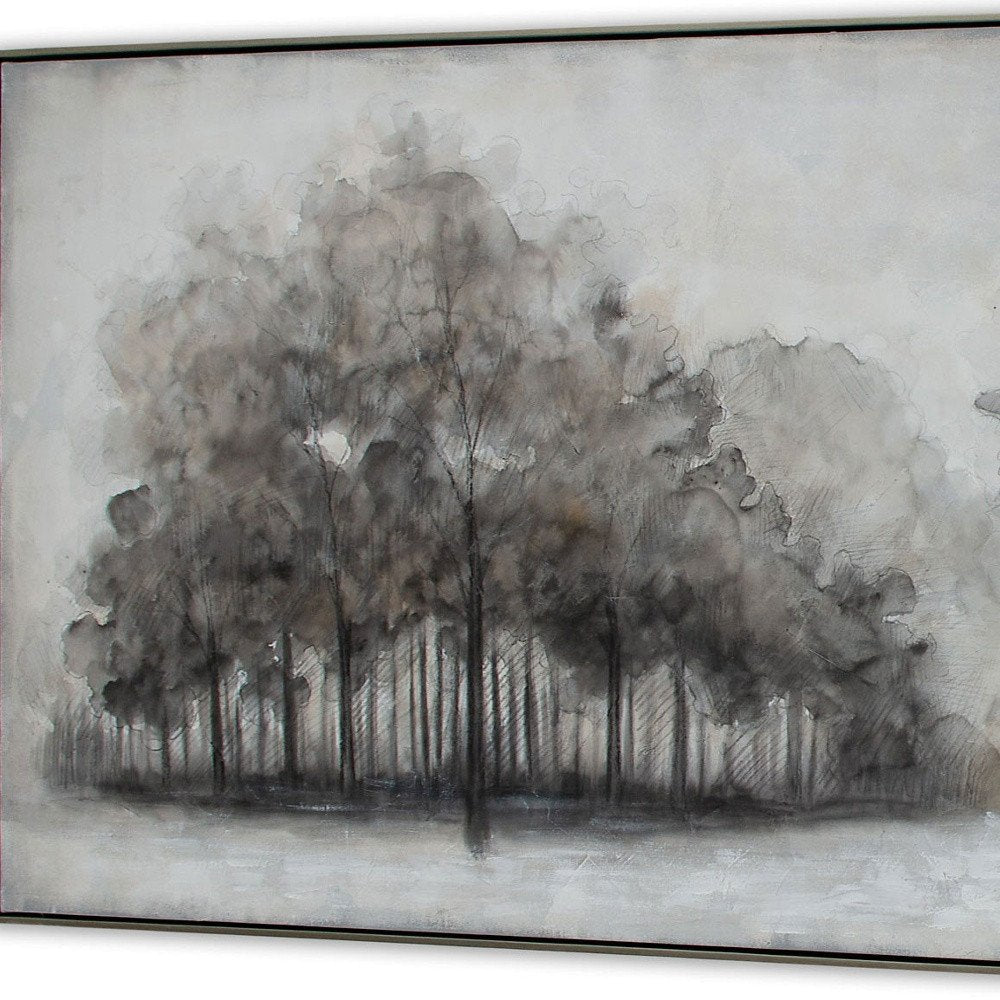 Wildwood Fog, Hand Painted Canvas Black Floater Frame Painting Wall Art