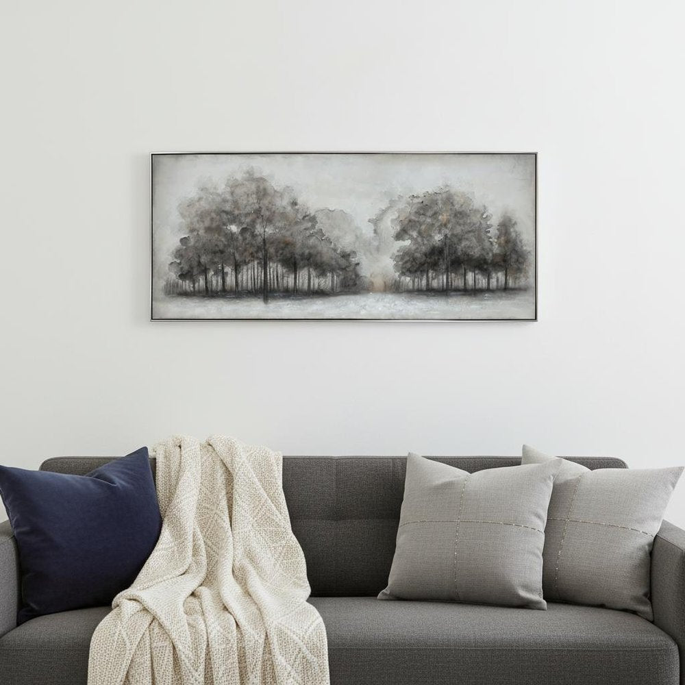 Wildwood Fog, Hand Painted Canvas Black Floater Frame Painting Wall Art