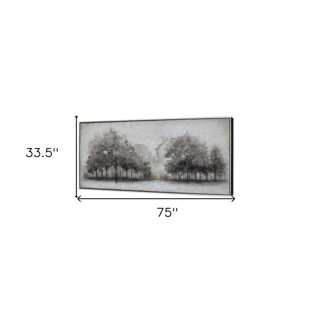 Wildwood Fog, Hand Painted Canvas Black Floater Frame Painting Wall Art