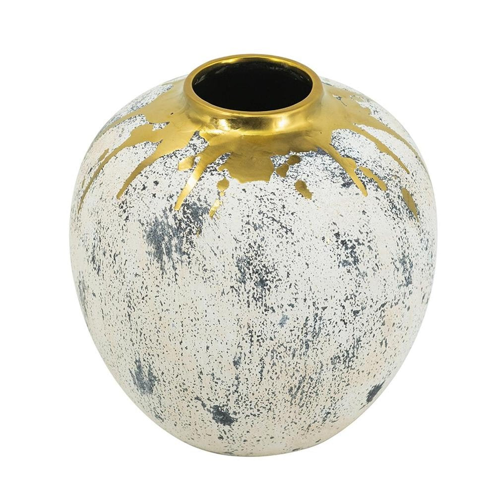 10" Gold Gray And Ivory Abstract Round Ceramic Table Vase