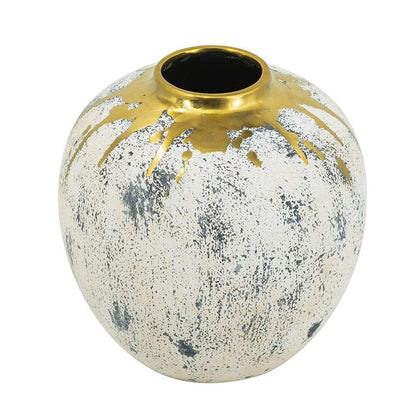 10" Gold Gray And Ivory Abstract Round Ceramic Table Vase
