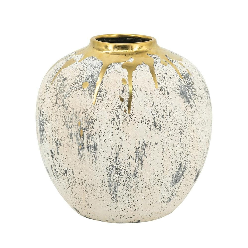 10" Gold Gray And Ivory Abstract Round Ceramic Table Vase
