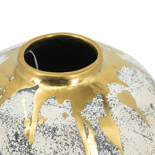 10" Ivory Gray And Gold Abstract Distressed Ceramic Round Table Vase