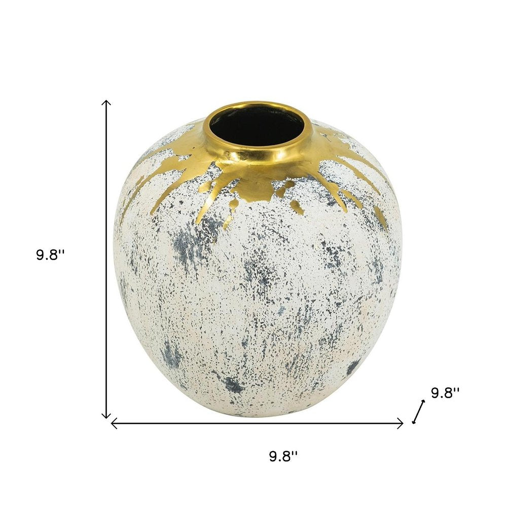 10" Gold Gray And Ivory Abstract Ceramic Round Table Vase