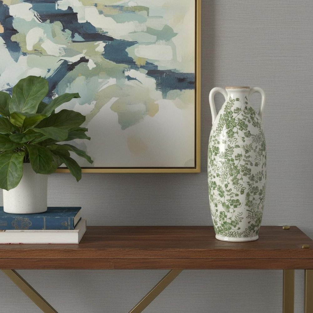 16" Green and White Leaf Amphora Ceramic Table Vase With Does Not Apply